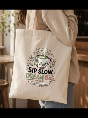 Sip Slow, Dream Big Beige Canvas Tote Bag